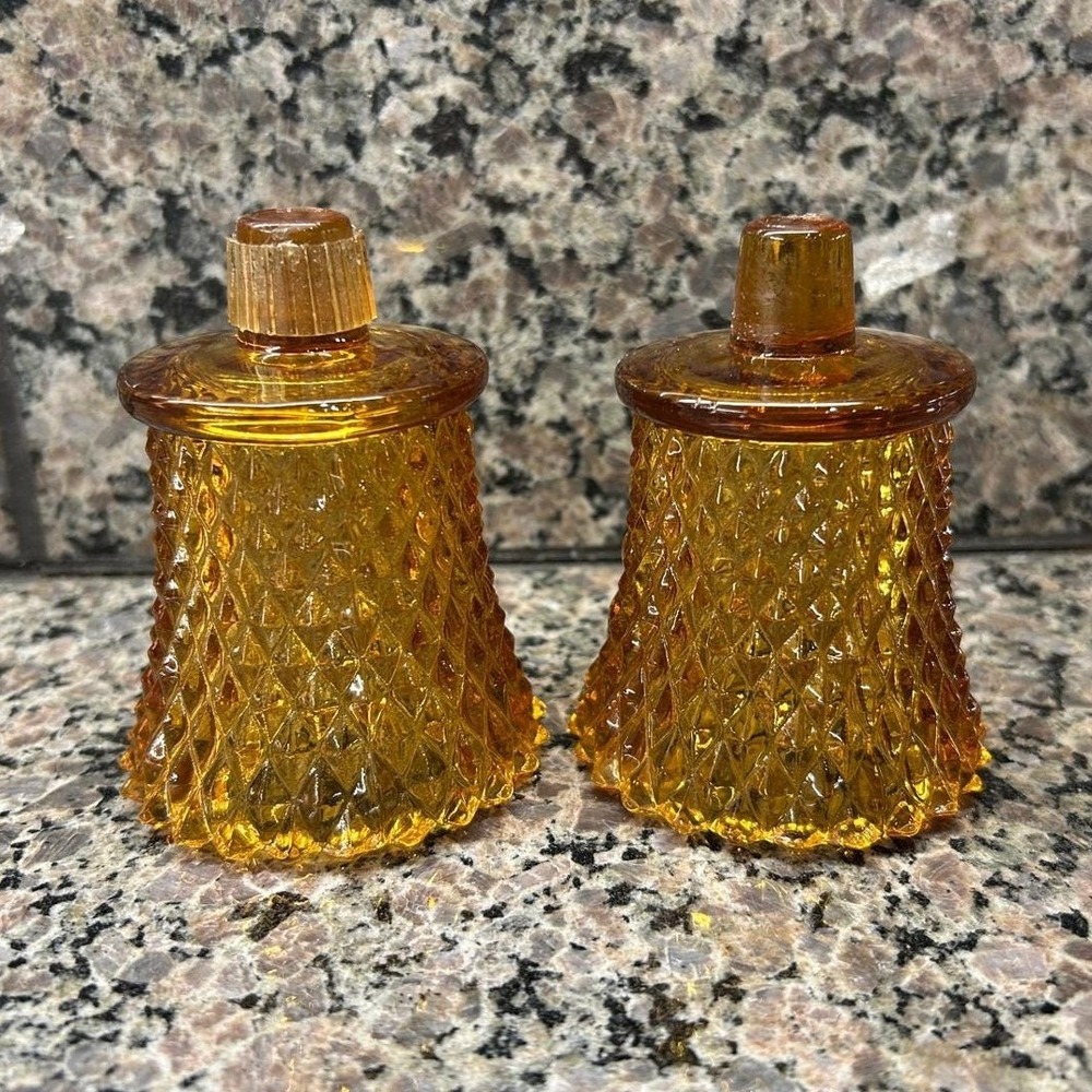 Vintage Amber Glass Diamond Point Peg Votive Candle Holders Set of 2 Mid Century